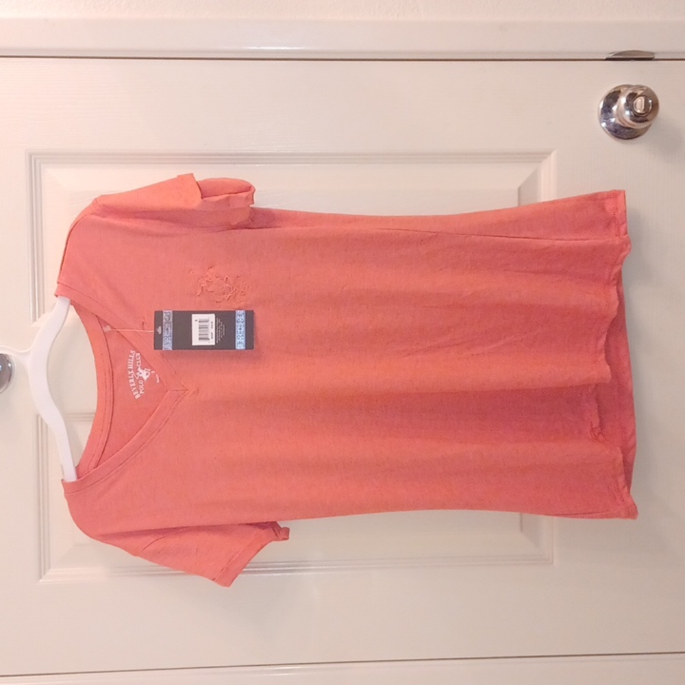 Beverly Hills Polo Club Logo Short Sleeves T-Shirt V-Neck, Coral Pink